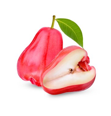 Beyaz arkaplanda yaprakları olan taze gül elması.