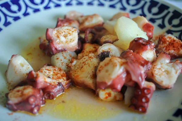 delicious octopus cooked with olive oil, salt and paprika in Galicia, Spain