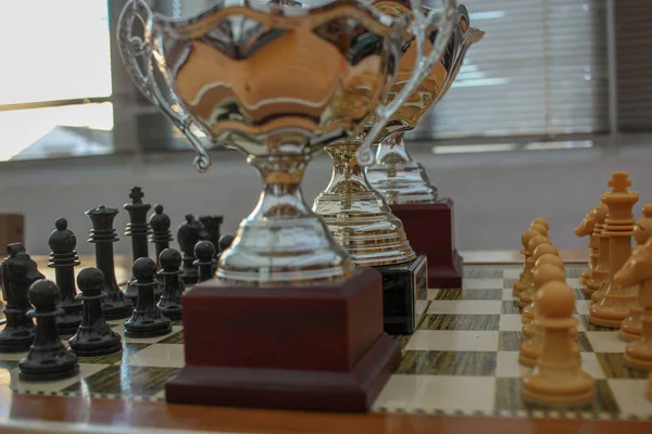Troféus Para Vencedores Tabuleiro Xadrez — Fotografia de Stock