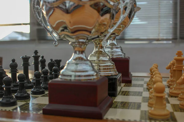 Три Трофея Шахматной Доске Победителей — стоковое фото
