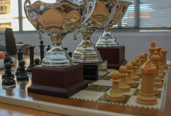 Trophies Strategies Chessboard Win Them — Stock Photo, Image
