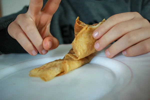 Crepe Snack Hands Young Boy — Stock Photo, Image