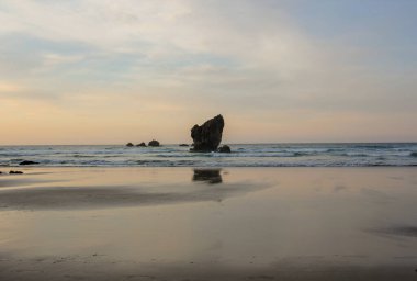 İspanya 'nın Asturias kentindeki Muros de Nalon yakınlarında Cantabrian Denizi' ndeki Aguilar plajı.