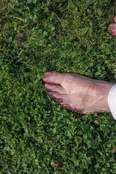 my foot in contrast with the grass in my garden