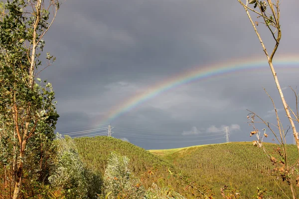 rainbow in the mountains in a rainy and sunny autumn day