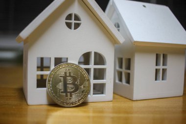 Bitcoin bir evin önünde. Bitcoin veya gayri menkul yatırımları
