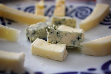 Tabaktaki bazı peynir türleri yemeye hazır.