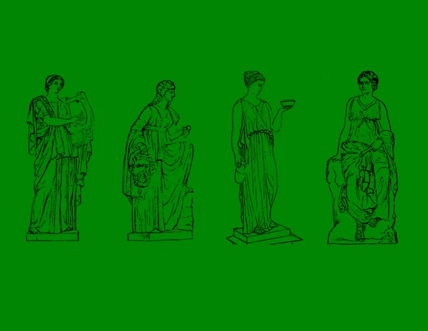 希腊古代雕塑 神秘集 以时髦波希米亚风格描绘古代经典雕像的矢量手绘图解 — 图库矢量图片
