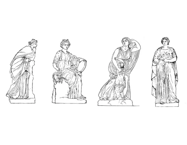希腊古代雕塑 神秘集 以时髦波希米亚风格描绘古代经典雕像的矢量手绘图解 — 图库矢量图片