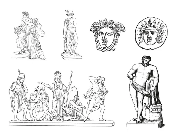 Greek Ancient Sculpture Mystic Set Vector Hand Drawn Illustrations Antique — Stock Vector