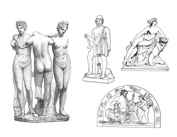 Grecki Starożytny Rzeźba Mistyczny Zestaw Wektor Ręcznie Rysowane Ilustracje Antycznych — Wektor stockowy