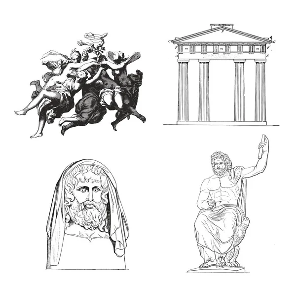 Grekiska Antika Skulptur Mystiska Uppsättning Vektor Handritade Illustrationer Antika Klassiska — Stock vektor
