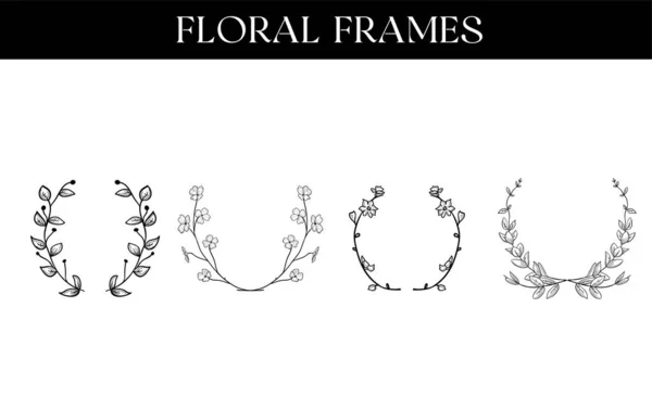 Molduras Florais Desenhadas Mão Com Flores Ramos Folhas Modelo Logotipo — Vetor de Stock