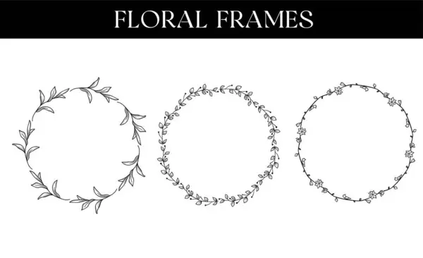 Molduras Florais Desenhadas Mão Com Flores Ramos Folhas Modelo Logotipo — Vetor de Stock