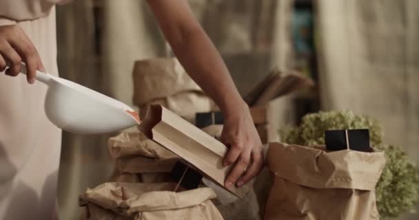 エコプロダクトで店内で働くオンライン注文のための有機物を梱包しながら クラフト紙袋に穀物を注ぐスクープと顔のない女性 — ストック動画