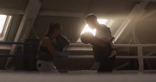 Силуэты Анонимной Женщины Боксера Тренера Мужчины Которые Вместе Занимаются Боксом — стоковое видео