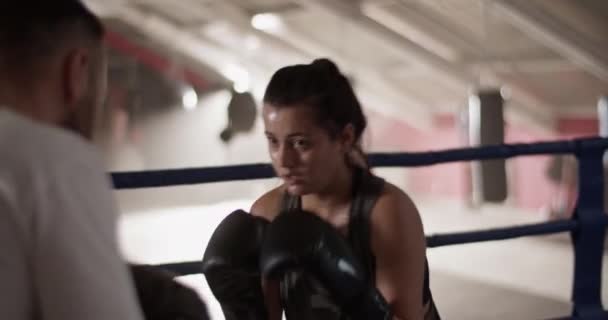 Handheld Shot Strong Sportswoman Punching Mitts Coach Boxing Training Ring — Stock Video