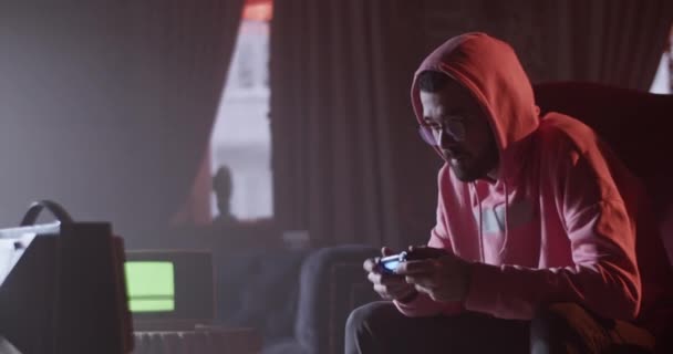 Young Bearded Guy Hoodie Glasses Playing Videogame Online Match While — Video Stock