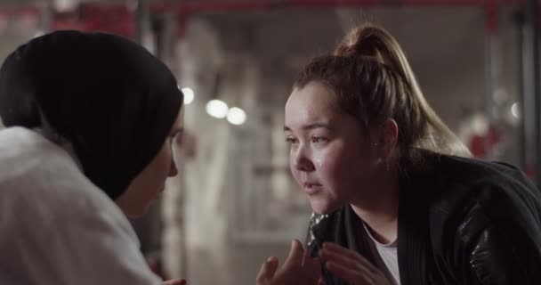 Στιγμιότυπο Διαφορετικές Νεαρές Γυναίκες Στέκονται Θέση Μάχης Και Κοιτάζονται Κατά — Αρχείο Βίντεο