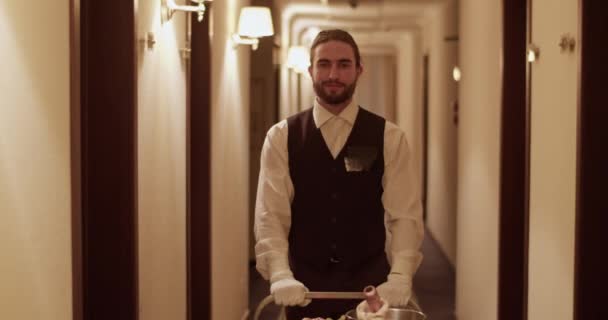 Positive Young Bearded Ethnic Room Service Waiter Elegant Uniform Smiling — Stock Video
