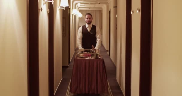 Full Body Friendly Young Bearded Ethnic Waiter Elegant Uniform Rolling — Stock Video