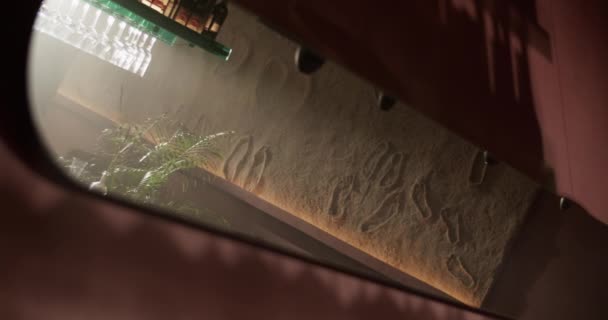 带脚印的盆栽创意墙和柜台上的绞架的酒吧室内设计镜子中的视图 — 图库视频影像