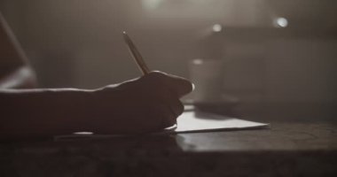 Kalemle nota yazan konsantre genç bayan müzisyenin karanlık odada loş ışığın aydınlattığı yeni bir şarkı yaratırken yan görüntüsü öne eğiliyor.