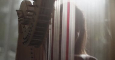Karanlık stüdyoda belirsiz bir ışık eşliğinde solo arp çalarken genç ve hoş bir kadın arpçının müzik enstrümanıyla sesler çıkardığı el kamerasıyla çekilmiş bir fotoğraf.