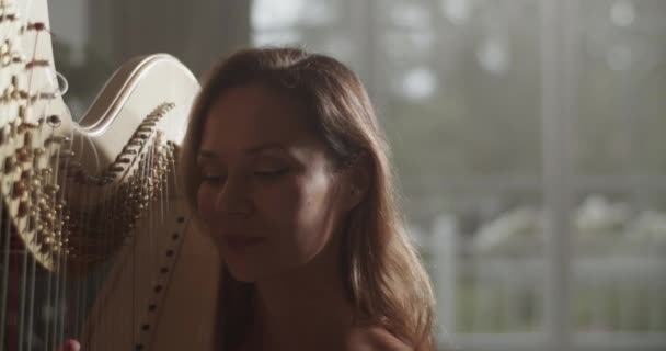 Tiro Mão Tempo Real Jovem Tranquilo Tocadora Harpa Feminina Executando — Vídeo de Stock