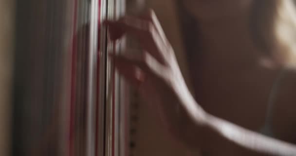 Stüdyoda Loş Işık Eşliğinde Klasik Performans Sırasında Enstrüman Çalan Yetenekli — Stok video