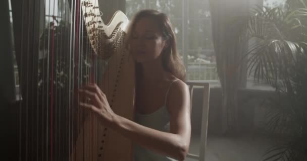 Realtid Handhållen Bild Unga Leende Kvinnlig Musiker Med Långt Ljust — Stockvideo