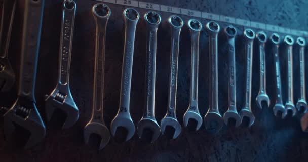 Pan Right Real Time Different Sized Wrenches Hex Keys Sockets — Stock Video