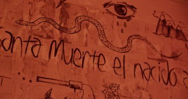 Maya kültürünün gerçek zamanlı görüntüsü Santa Muerte el nacido kesinliği ve yılan gözü şamdancı adam ve pembe yüzeye çiçek çizimleri.