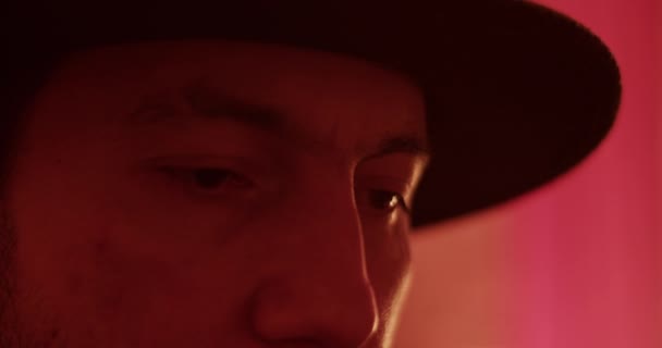 Serious Adult Man Black Hat Looking Lighting Strikes Home — Stock Video