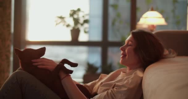 Oturma Odasında Kanepede Uzanmış Dinlenirken Köpekle Oynarken Gülümseyen Yetişkin Bir Video Klip