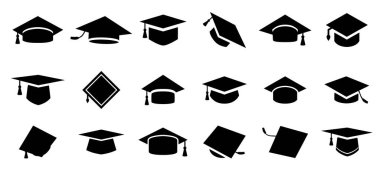 Mezuniyet şapkası simgeleri siyah. Eğitim şapkası ikonları. Mezuniyet şapkası simgeleri. Akademik başlık işaretleri