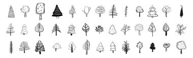 Farklı tipte siyah beyaz karalama ağaçları koleksiyonu. El çizimi biçim simgeleri.