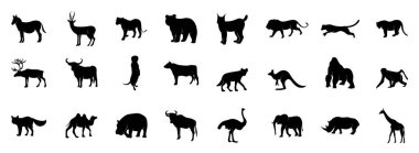 Bir grup vektör vahşi hayvan şablonu. Beyaz arkaplanda siyah simgeler izole edildi