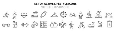 Sporun çizgi ikonları koleksiyonu. Aktif yaşam tarzı, hobiler, spor malzemeleri ve giysi ikonları. Web ve uygulamalar için düz işaretler ve semboller kümesi