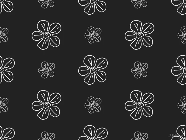 黒の背景に花の漫画のキャラクターシームレスパターン — ストック写真