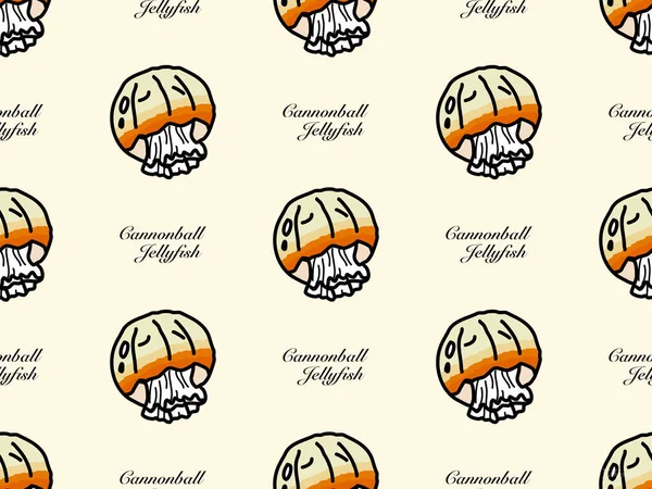 Cannonball jellyfish cartoon character seamless pattern on orange background