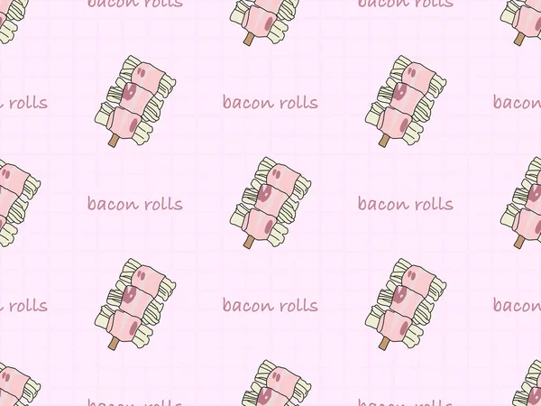 Bacon rolls cartoon character seamless pattern on pink background