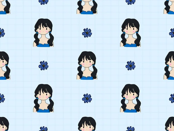 少女漫画キャラクターシームレスパターンオン青の背景 — ストックベクタ