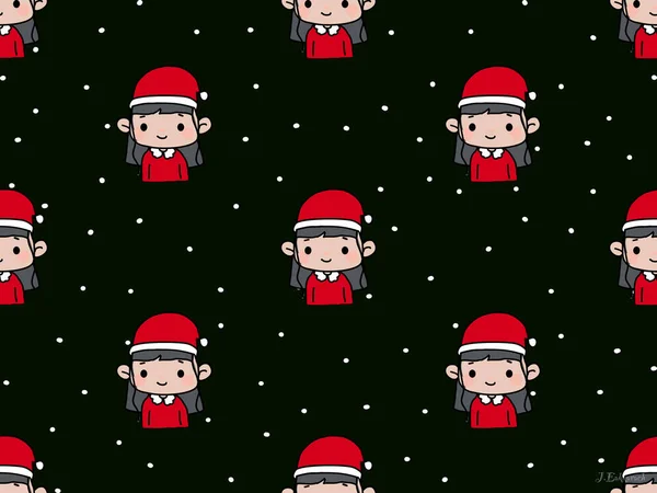 Meisje Kerst Cartoon Karakter Naadloos Patroon Zwarte Achtergrond — Stockfoto