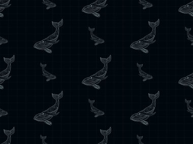 Whale cartoon character seamless pattern on black background
