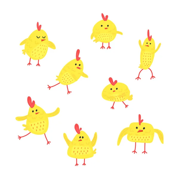 Chicken Set Yellow Color Stile Children Drawing — Stock Vector