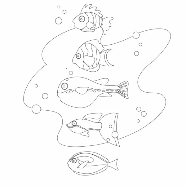Set Marine Animals Fish Black White — Stock Vector
