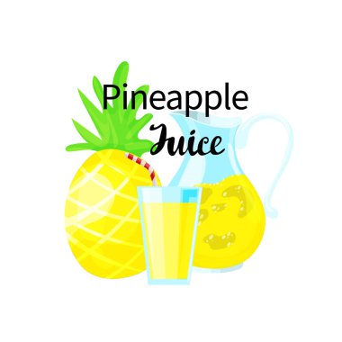 Ananas ve ananas suyunun vektör görüntüsü. Yazılı ananas suyu. Çocuklar için kartlar