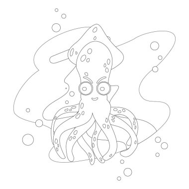 Chidren için mürekkep balığı boyama kitabı. Suyun altında sayfa mürekkep balığı renklendirme.