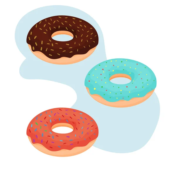 Três Donuts Coloridos Com Doce Aspersão — Vetor de Stock